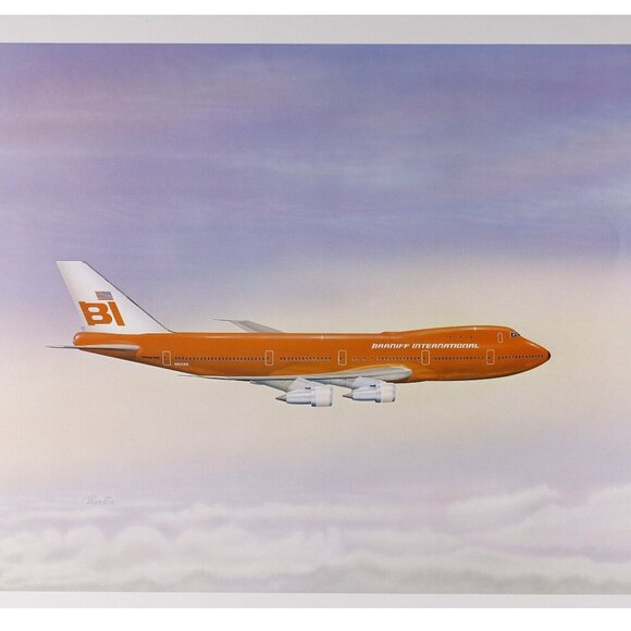 Bright Red Braniff International plane travel poster 16x20" on pastel sky, - Picture 1 of 5